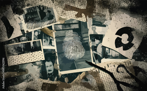 Grungy, retro collage of images revolving around detective investigation, filled with mystery and intrigue.