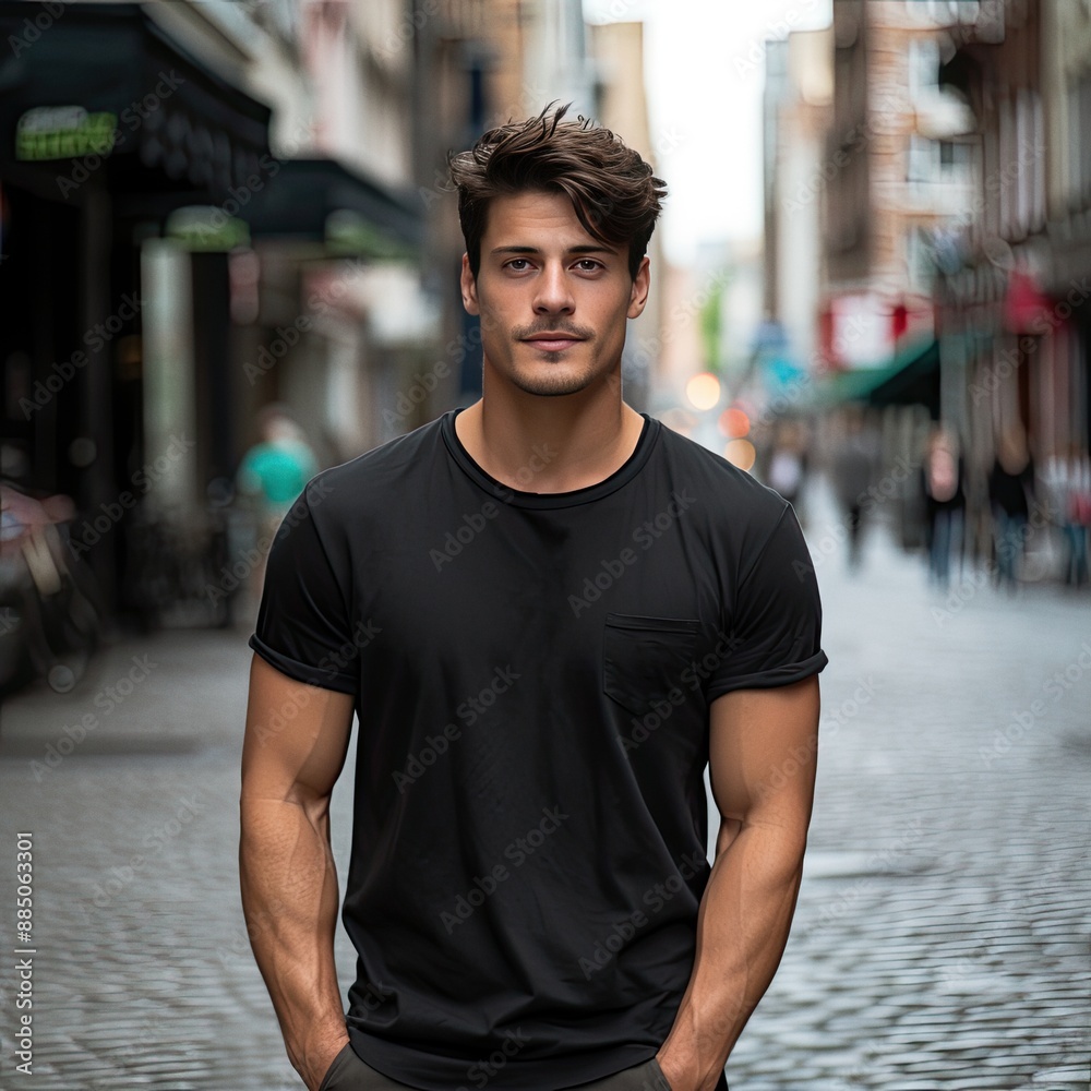 Male latin model in a classic black cotton t-shirt on a city street Male latin model in a classic black cotton t-shirt on a city street