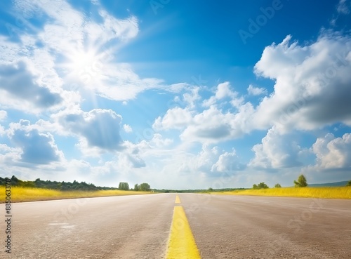 Asphalt road in the sunset sky with clouds and sun rays. photo