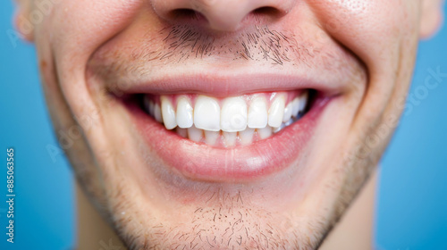 Closeup of mans smile with white teeth. Dental care, teeth whitening procedure at dentist.