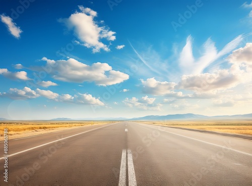 Asphalt road in the sunset sky with clouds and sun rays. photo