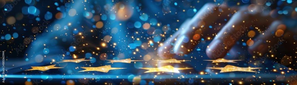 Naklejka premium Hands Touching Digital Screen with Glowing Stars and Bokeh Lights in the Background