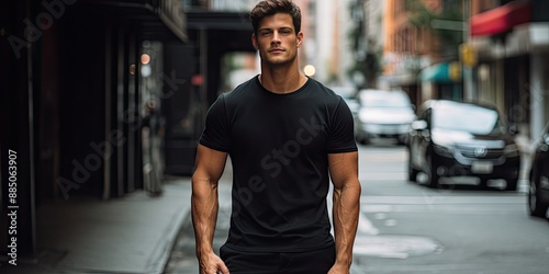Male latin model in a classic black cotton t-shirt on a city street