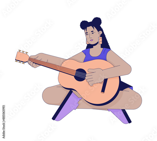 Young latina woman playing guitar 2D cartoon character. Hispanic female guitarist musical instrument isolated flat vector person white background. Girl strumming strings color spot illustration