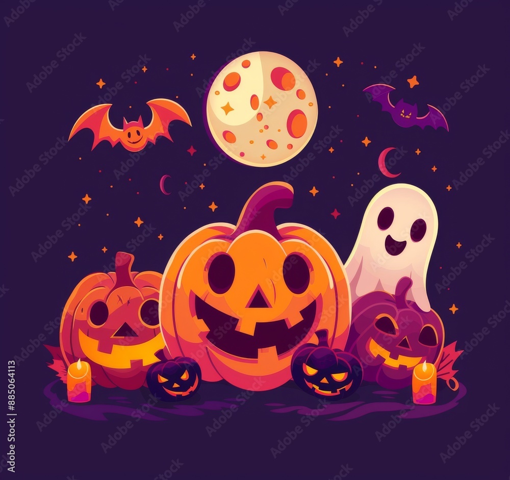 Fototapeta premium illustration of cartoon cute pumpkins, moon and ghost on purple background for Halloween festival design.