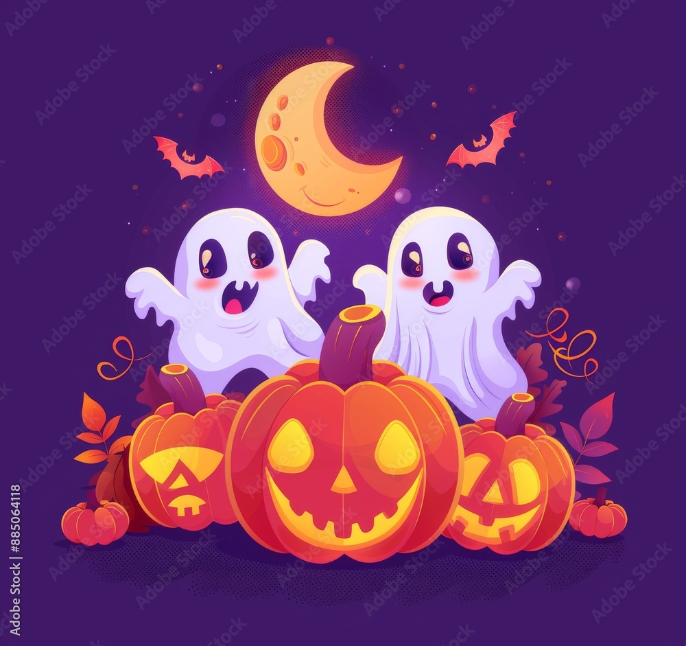 Fototapeta premium illustration of cartoon cute pumpkins, moon and ghost on purple background for Halloween festival design.
