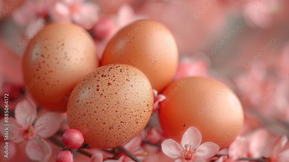 Chicken Eggs on Soft-Colored Background with Branches and Leaves, Natural Beauty Chicken Eggs on Soft-Colored Background with Branches and Leaves, Natural Beauty
