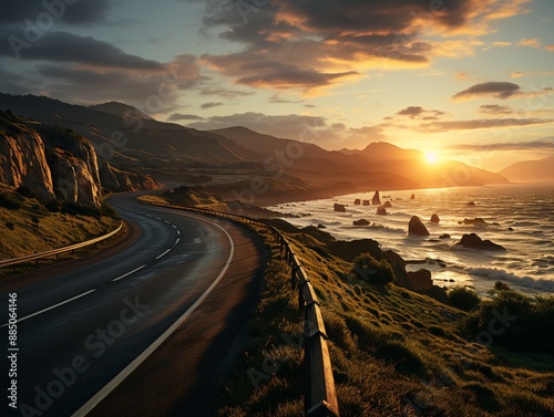 Beautiful road in the mountains at sunset. photo