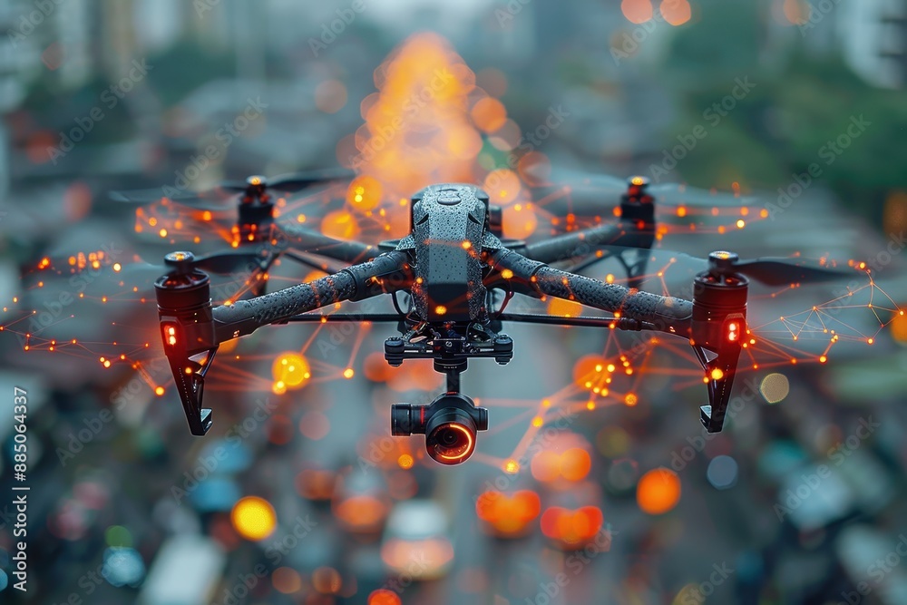 An AI-driven drone flying over a smart city, capturing data with multiple sensors and cameras. An AI-driven drone flying over a smart city, capturing data with multiple sensors and cameras.