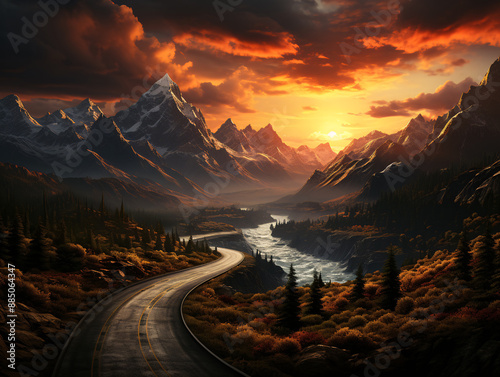 Beautiful road in the mountains at sunset. photo