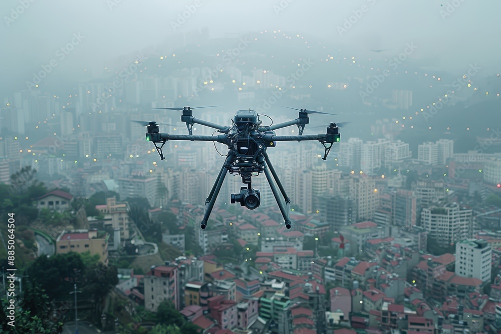 An AI-driven drone flying over a smart city, capturing data with multiple sensors and cameras. An AI-driven drone flying over a smart city, capturing data with multiple sensors and cameras.