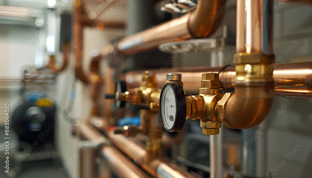Plumbing service. copper pipeline of a heating system in boiler room Plumbing service. copper pipeline of a heating system in boiler room
