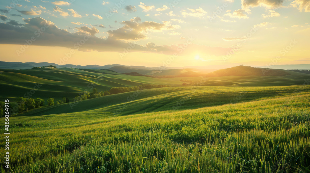 Obraz premium Beautiful green fields of wheat. Sunset light
