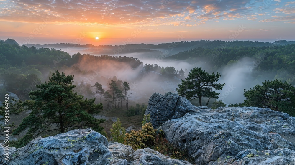 Stunning Sunrise Over Misty Forest and Rocky Landscape with Vibrant Sky Stunning Sunrise Over Misty Forest and Rocky Landscape with Vibrant Sky