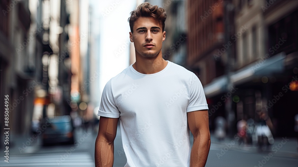 Male latin model in a classic white cotton t-shirt on a city street Male latin model in a classic white cotton t-shirt on a city street