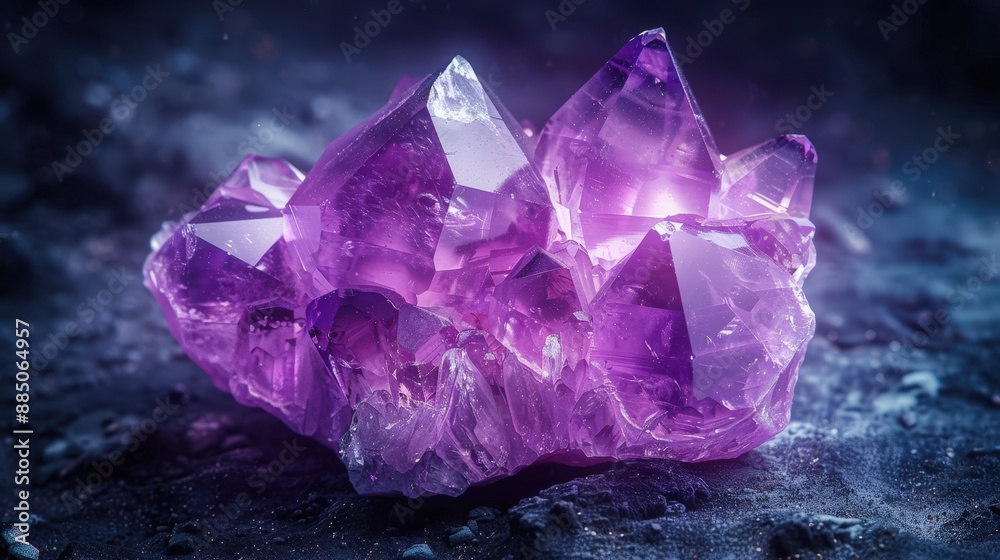 Stunning Close-Up of Purple Amethyst Crystal Cluster on Dark Background with Soft Lighting Stunning Close-Up of Purple Amethyst Crystal Cluster on Dark Background with Soft Lighting