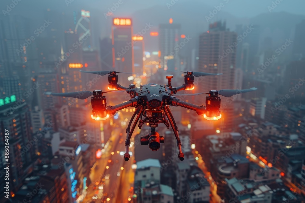 An AI-driven drone flying over a smart city, capturing data with multiple sensors and cameras. An AI-driven drone flying over a smart city, capturing data with multiple sensors and cameras.