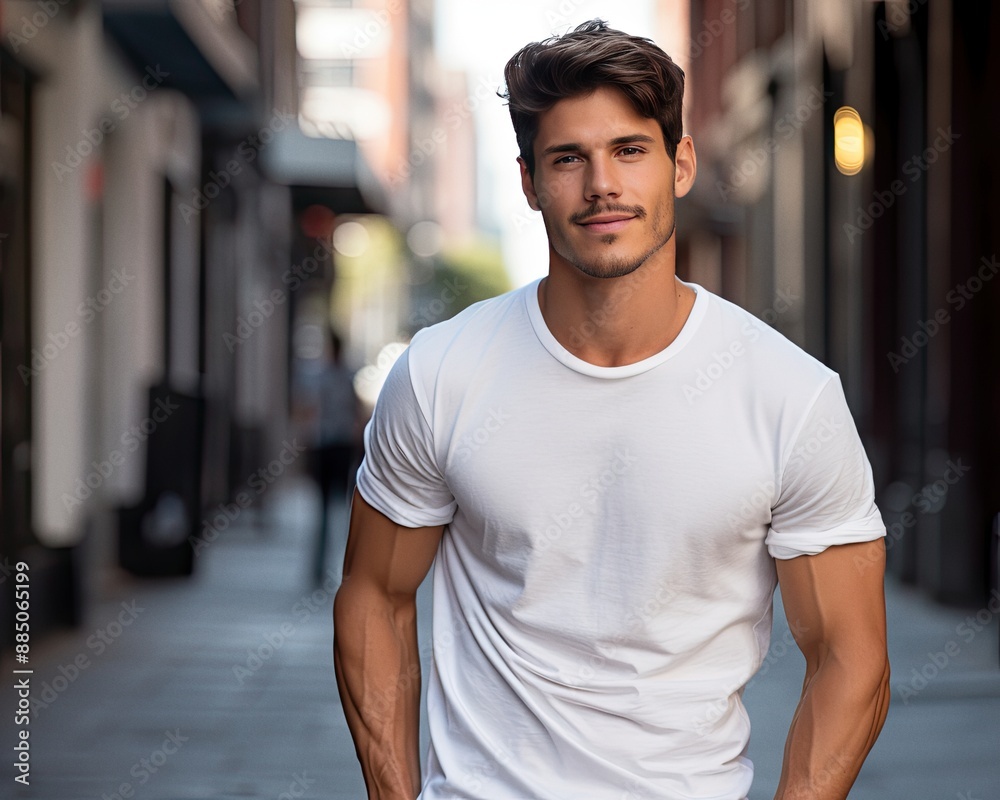 Male latin model in a classic white cotton t-shirt on a city street Male latin model in a classic white cotton t-shirt on a city street