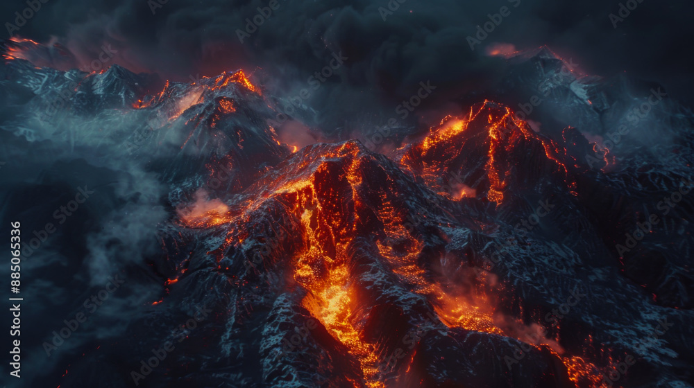 Fire Mountain with magma erupting in the night. Beautiful view of a volcanic eruption Fire Mountain with magma erupting in the night. Beautiful view of a volcanic eruption