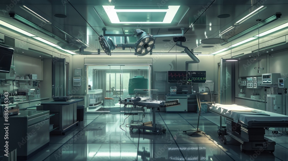Sophisticated surgical suite with cutting-edge technology and clean surfaces. Sophisticated surgical suite with cutting-edge technology and clean surfaces.