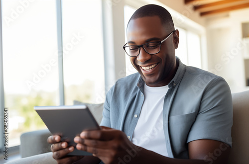 Smiling Man Sitting On A Couch And Using A Tablet Device At Home With Bright Window In The Background