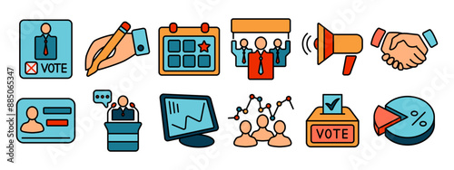 Voting icons line icon. Election, vote, politics, ballot, democracy, icons, symbol, campaign, government, choice, candidate, poll, political, voting, civic, participation, illustration.