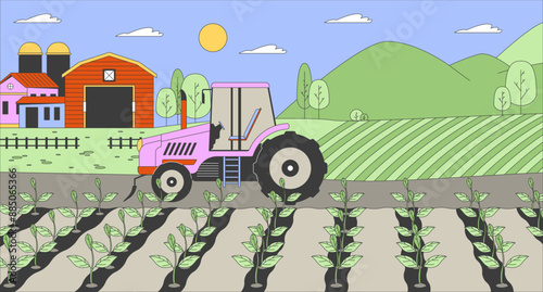 Tractor in farm field cartoon flat illustration. Agricultural machine working on plantation 2D line landscape colorful background. Plant cultivation business scene vector storytelling image