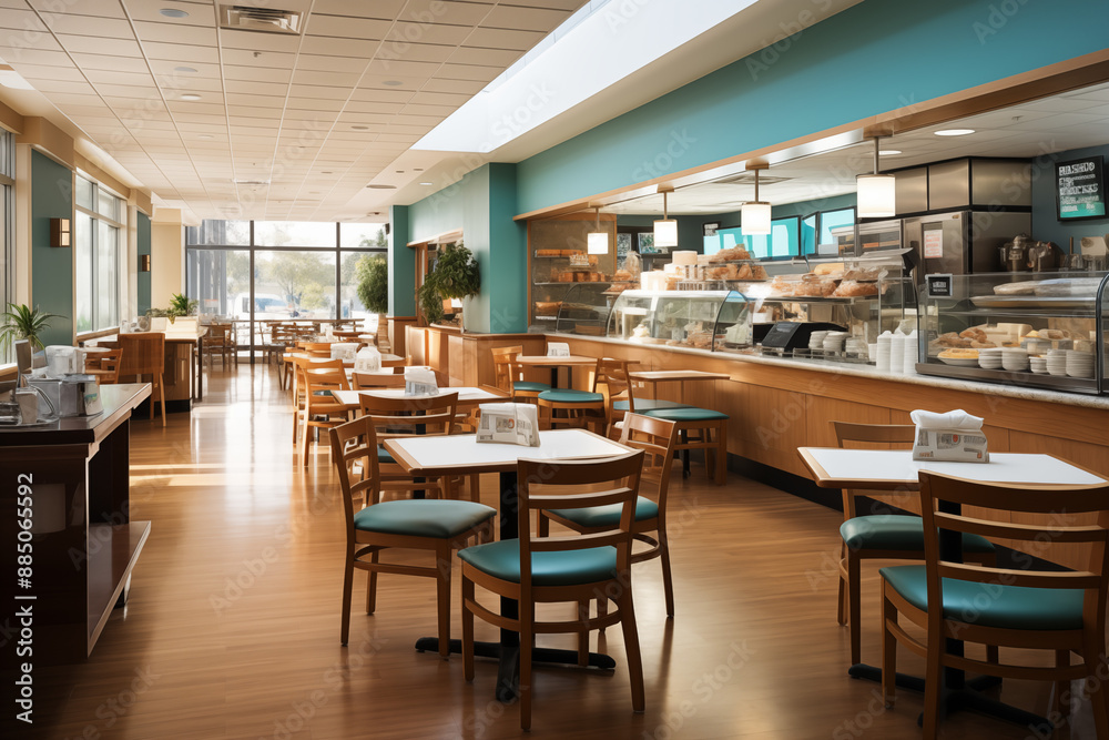 Modern hospital cafeteria with sleek tables and health-focused menu board Modern hospital cafeteria with sleek tables and health-focused menu board