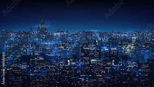 Cityscape, city buildings at night. City ​​skyline at nighttime. Night shining starry sky. Dark blue cityscape background with stars, nebula, meteor. Panoramic illustration, high resolution. Vector