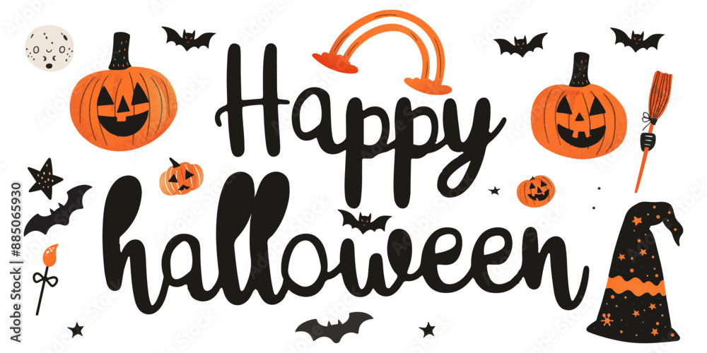 Vector flat hand drawn cute Halloween elements set with text Vector flat hand drawn cute Halloween elements set with text