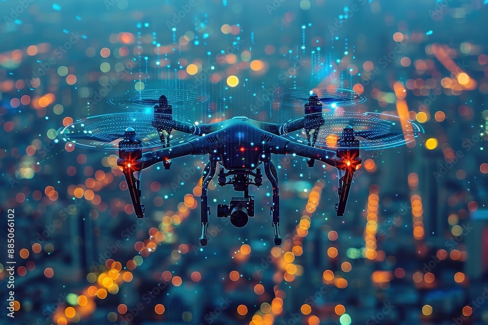 An AI-driven drone flying over a smart city, capturing data with multiple sensors and cameras. An AI-driven drone flying over a smart city, capturing data with multiple sensors and cameras.