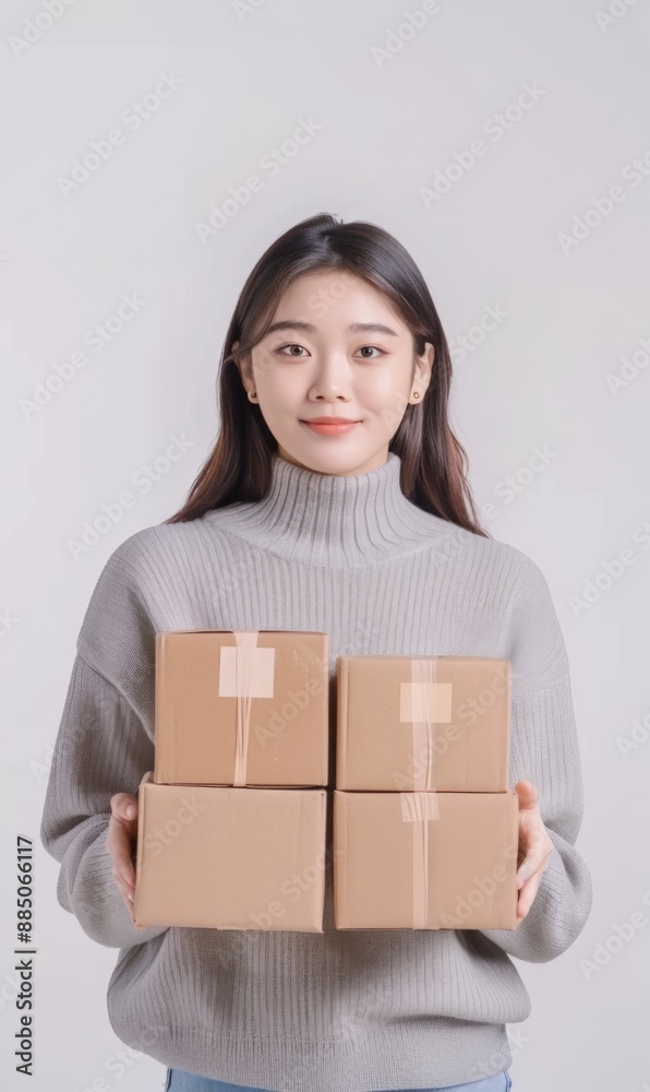 A smiling woman holding two cardboard boxes A smiling woman holding two cardboard boxes