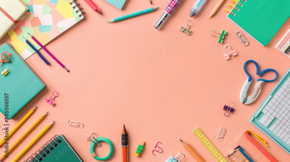 A flat lay of art supplies such as paint brushes, watercolor palettes, colored pencils, and sketchbooks A flat lay of art supplies such as paint brushes, watercolor palettes, colored pencils, and sketchbooks