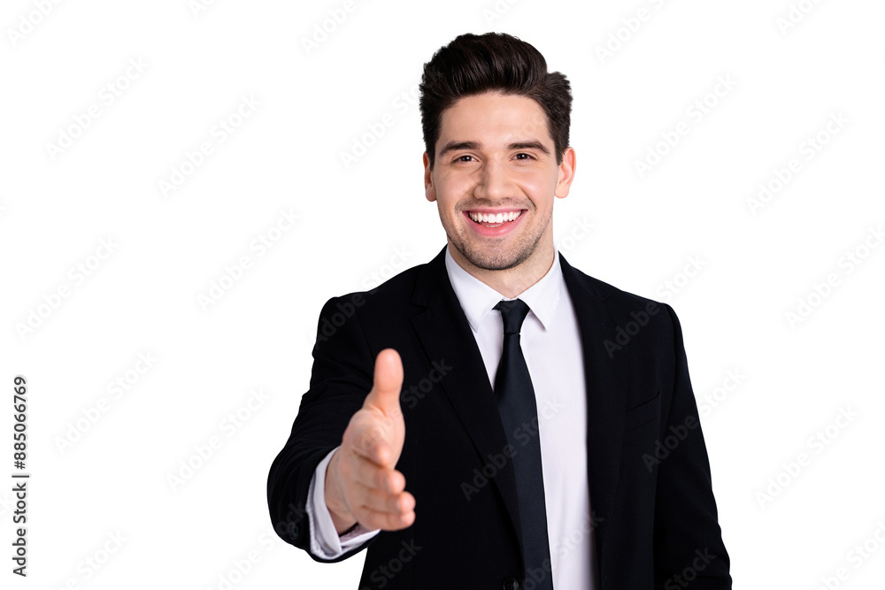 Close up photo of glad content charming youngster investor investment have meeting greet hand feel enjoy partner partnership concept he his black jacket isolated on silver background Close up photo of glad content charming youngster investor investment have meeting greet hand feel enjoy partner partnership concept he his black jacket isolated on silver background