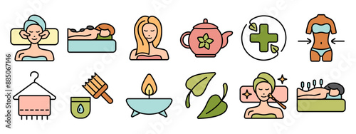 Spa set icon. Face massage, relaxation, hair care, herbal tea, wellness, towel, body brush, candle, leaves, acupuncture, skincare, weight loss.