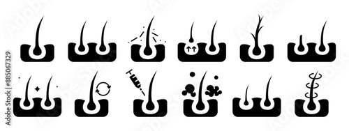 Hair growth set icon. Hair follicle stages, growth cycle, scalp care, injection, dermatology, treatment, hair loss prevention, hair health.