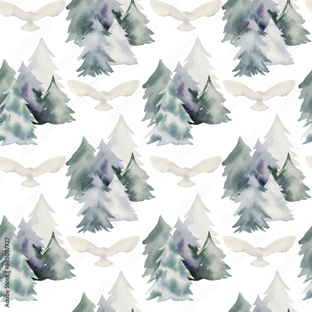 Obraz premium Watercolor winter seamless pattern with spruces for fabric, wrapping paper, etc.