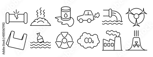 Pollution set icon. Environmental damage, air pollution, water contamination, radioactive waste, plastic waste, CO2 emissions, factory pollution, waste management.
