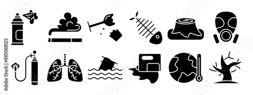 Pollution set icon. Spray can, cigarette smoke, broken glass, fishbone, tree stump, gas mask, oxygen tank, lungs, oil spill, global warming, deforestation.