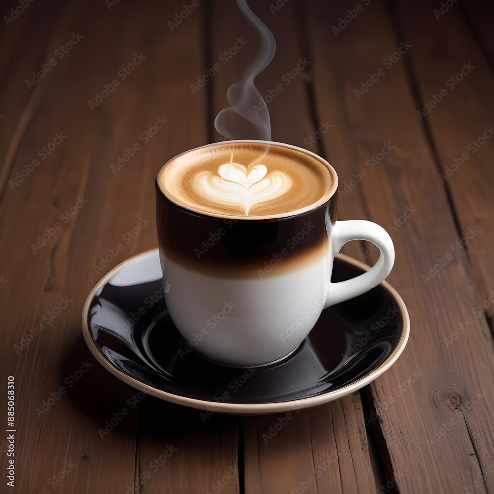 Obraz premium A steaming hot cup of freshly brewed coffee with creamy, white milk swirled into the dark liquid, creating a rich and inviting beverage on a wooden table