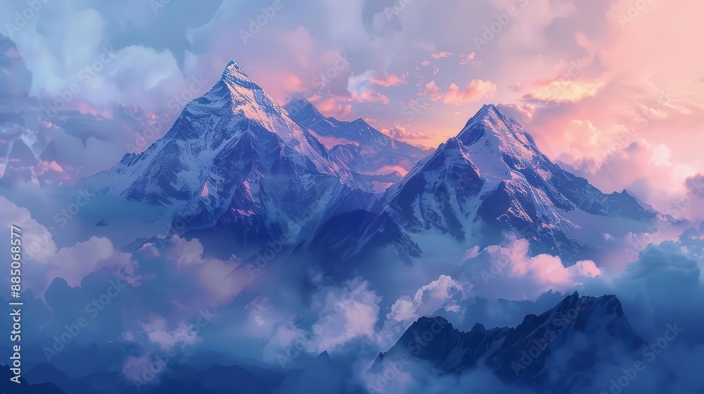 ethereal mountain range bathed in twilight hues majestic peaks piercing through misty clouds panoramic vista showcasing natures grandeur digital art style ethereal mountain range bathed in twilight hues majestic peaks piercing through misty clouds panoramic vista showcasing natures grandeur digital art style