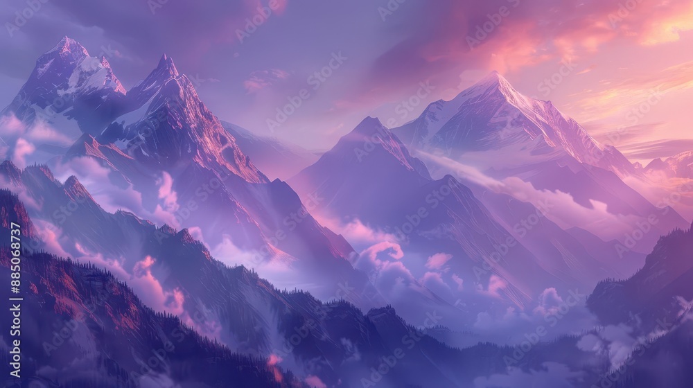 ethereal mountain range bathed in twilight hues majestic peaks piercing through misty clouds panoramic vista showcasing natures grandeur digital art style ethereal mountain range bathed in twilight hues majestic peaks piercing through misty clouds panoramic vista showcasing natures grandeur digital art style