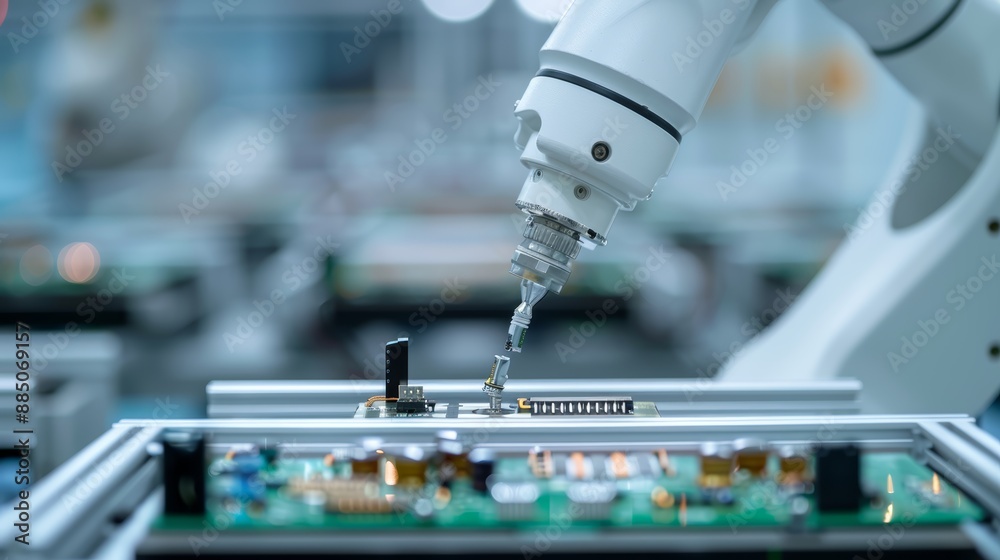 Close-up of a robotic arm assembling small electronic components, high-resolution, no people, focus cover all object Close-up of a robotic arm assembling small electronic components, high-resolution, no people, focus cover all object
