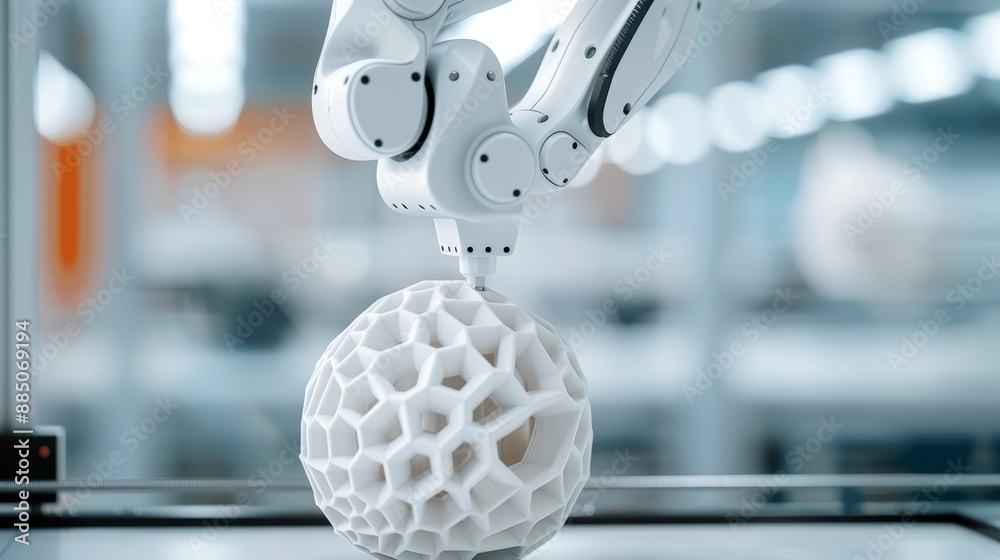 Close-up of a robotic arm operating a 3D printer in a production facility, intricate components and high resolution, no people, focus cover all object Close-up of a robotic arm operating a 3D printer in a production facility, intricate components and high resolution, no people, focus cover all object
