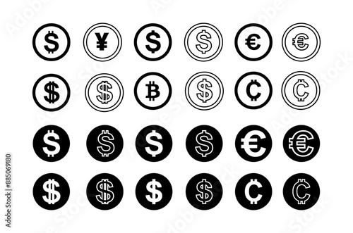 Money and currency exchange icon set illustration. dollar,,yen and more