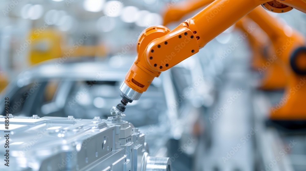 Close-up of an industrial robot assembling car parts on a production line, showcasing intricate mechanical details, high resolution, no people, focus cover all object Close-up of an industrial robot assembling car parts on a production line, showcasing intricate mechanical details, high resolution, no people, focus cover all object