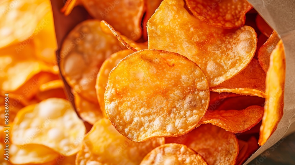 Close-up of crispy potato chips cascading out of an open snack bag Close-up of crispy potato chips cascading out of an open snack bag
