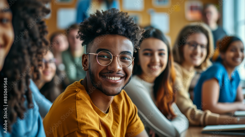 Group of happy international students sitting in classroom, daylight
