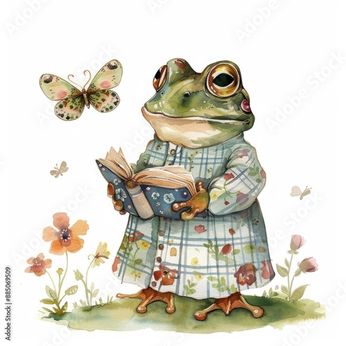 Whimsical frog reading book photo