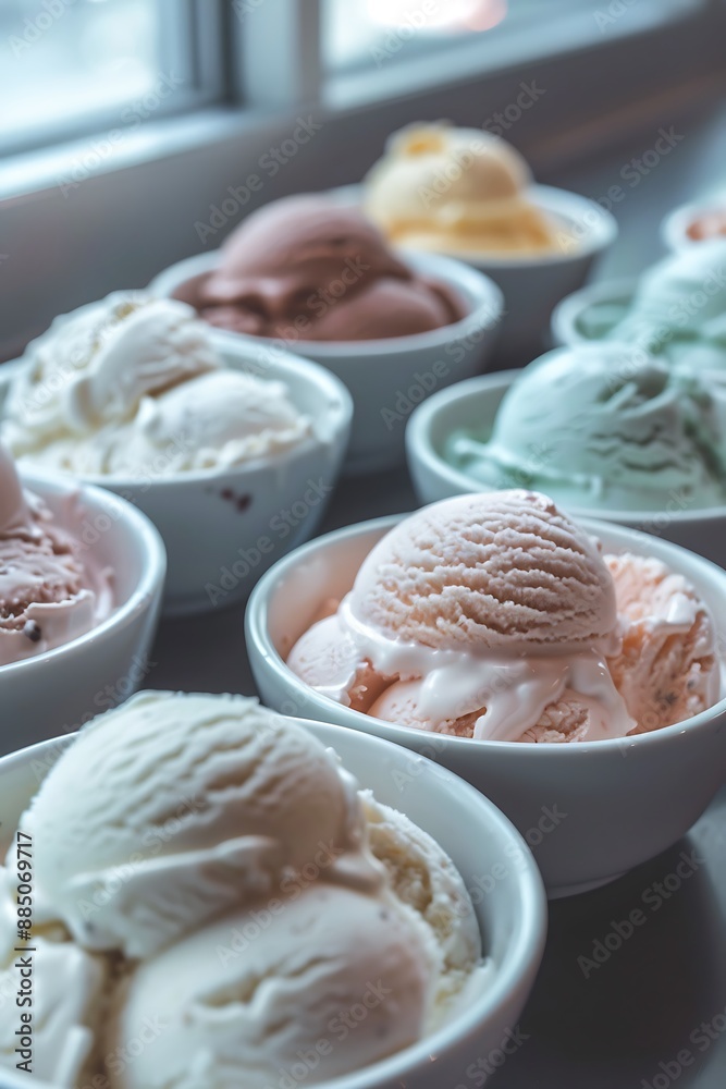 Assortment of Ice Cream Scoops in White Bowls Assortment of Ice Cream Scoops in White Bowls